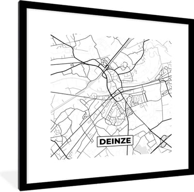 Fotolijst incl. Poster Zwart Wit- België – Deinze – Stadskaart – Kaart – Zwart Wit – Plattegrond - 40x40 cm - Posterlijst