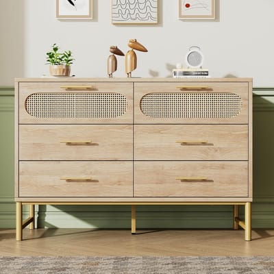 Rotan dressoir - Opbergkast laden - Woonkamer inrichting - Zes ruime laden - 120 cm breed - Eiken look