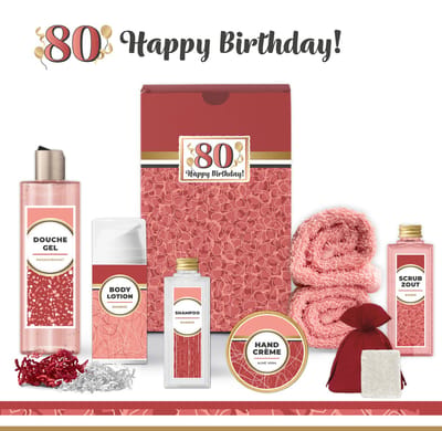 Geschenkset “80 Jaar Happy Birthday!” - 8 producten - 685 gram | Giftset voor haar - Luxe wellness cadeaubox - Cadeau vrouw - Gefeliciteerd - Set Verjaardag - Geschenk jarige - Cadeaupakket moeder - Vriendin - Zus - Verjaardagscadeau - Rood