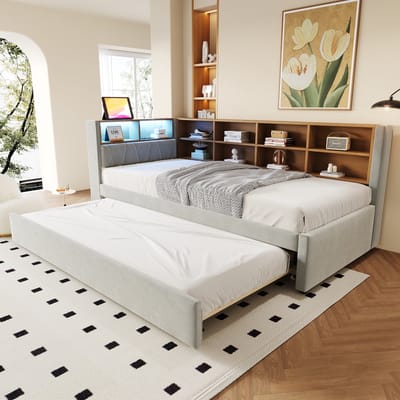 Sweiko Slaapbank - 90 x 200 cm - Uitschuifbaar bed - LED-verlichting - Oplaadpunten - Opbergruimte - Lichtgrijs
