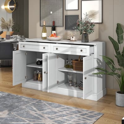 DESMIU Dressoir - Retro Modern Opbergkast Met 4 Deuren En 2 Laden - Voor Woonkamer Keuken En Slaapkamer - Houtlook Wit - 150x40x86 Cm