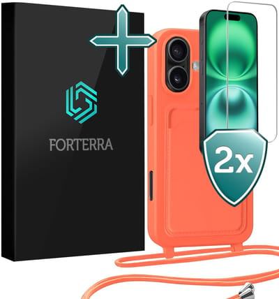 Hoesje Geschikt voor iPhone 16 Plus Pashouder Case Siliconen Hoes Met Koord Met 2x Screenprotector - Hoes Geschikt voor iPhone 16 Plus Met Telefoonkoord Hoesje Back Cover Met Pasjeshouder - Papaya