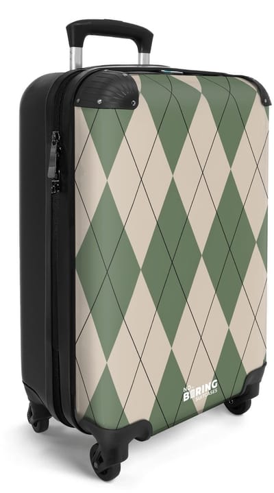 NoBoringSuitcases.com® - Handbagage koffer lichtgewicht - Reiskoffer trolley - Groen met beige ruitpatroon - Reis rolkoffer met wieltjes - Cabin koffertje klein - Carryon valies - Harde bagagekoffer - Past binnen 55x40x20 en 55x35x25