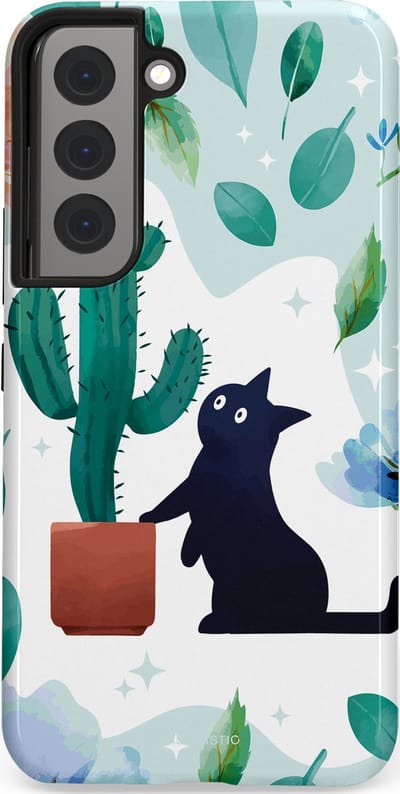 Casetastic hoesje geschikt voor Samsung Galaxy S22 - Dubbellaagse bescherming - Cactuskat - Fashion Case - Lichtgrijs Turquoise Wit Mintgroen