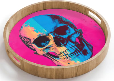 Dienblad rond 40x40 cm - Schootdienblad hout - Neon - Blauw - Pop-art - Schedel - Borrelplank rechthoek - Plateau houten dienbladen
