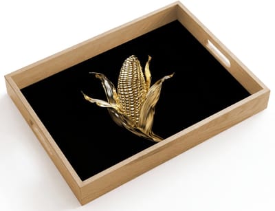 Dienblad hout 40x30 cm - Schootdienblad - Mais - Eten - Goud - Zwart - Borrelplank rechthoek - Plateau dienbladen