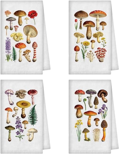 Set van 4 Vintage Paddenstoel Themaproducten - Decoratieve Keukenhanddoeken, Absorberende Theedoeken voor Koken en Bakken, Perfect als Huiskamer Cadeau, 61 x 40 cm
