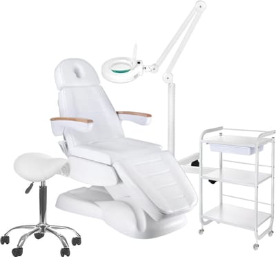 MBS Elektrische behandelstoel volledige set - Professioneel - Manicure - Pedicure - Gezichtsbehandeling - wit - Incl. Hoes - Loeplamp - tafel - kruk(12)