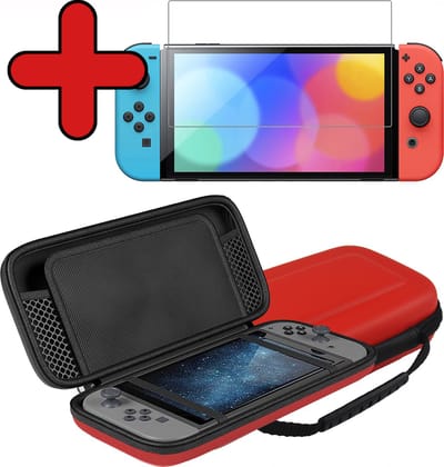 Hoes Geschikt voor Nintendo Switch Case Hard Cover Bescherm Hoesje Met Screenprotector - Case Geschikt voor Nintendo Switch Hoes - Rood