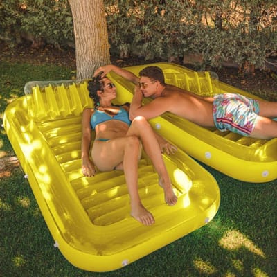Opblaasbaar Drijfligbed XXL (177*116cm) - 4-in-1 Zonnebad/Floating Bar/Kinderbad - Met Hoofdkussen & Drankhouders - UV-bestendig PVC (0.3mm) - Citroengeel