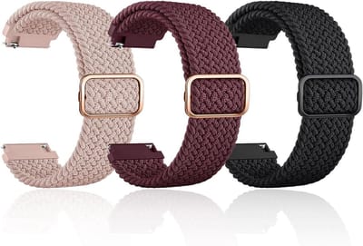 3-delige Horlogeband 20mm voor Slimme Horloges, Gevlochten Nylon, Flexibel en Verstelbaar voor Dames en Heren (Wijnrood, Roze, Zwart)