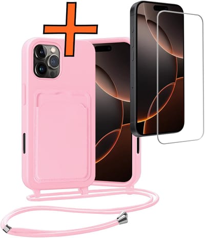 Hoesje Geschikt voor iPhone 16 Pro Hoesje Met Telefoonketting Pasjeshouder Case Met Screenprotector Koord - Hoesje Geschikt voor iPhone 16 Pro Hoes Met Kaarthouder - Lichtroze