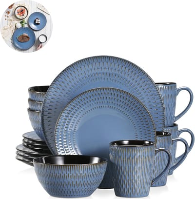 Luxe Serviesset – 16 delig – 4 persoons – Porselein - Bordenset – Dinner platen – Dessertborden - Kommen - Mokken - Blauw