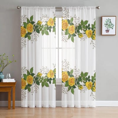 Krans van Gele Rozen Tule Gordijnen voor Woonkamer Garen Sheer Voile Gordijn voor Slaapkamer Keuken Drape Decor 135W x 114H(cm) white