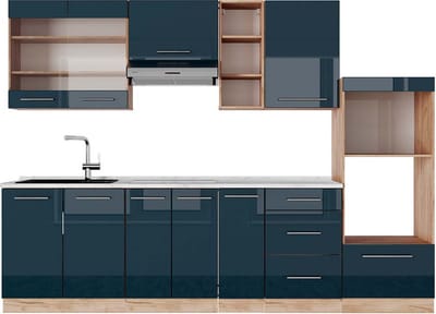 Vicco Fame-Line Complete keukeneenheid – 280 cm, WB Marmer Donkerblauw hoogglans/gouden eik