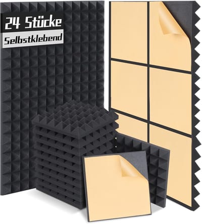 Famanu – Akoestische panelen, set van 24 stuks, 30 x 30 x 5 cm, zelfklevend geluidsisolatie noppenschuim voor studio en kantoor
