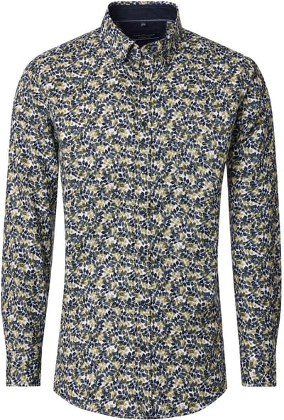 CASA MODA Sport comfort fit overhemd - twill - wit met limegroen en donkerblauw bladeren dessin - Strijkvriendelijk - Boordmaat: 43 - 44