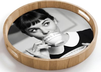 Dienblad rond 40x40 cm - Schootdienblad hout - Portret - Thee - Vrouw - Borrelplank rechthoek - Plateau houten dienbladen