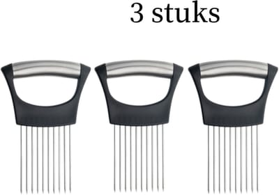 3-delige uienhouder set van RVS - vleestender voor steak & vlees - multifunctionele keukenprikkers - 14 cm - zwart handvat