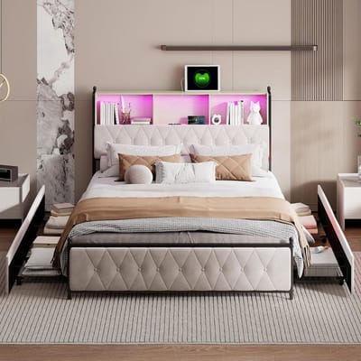 Gestoffeerd bed, 180 x 200 cm, met 4 opbergruimte, lade, tweepersoonsbed, led-hoofdeinde met USB-oplaadfunctie, rugleuning bed met opbergruimte en lattenbodem, opbergbed, zonder matras