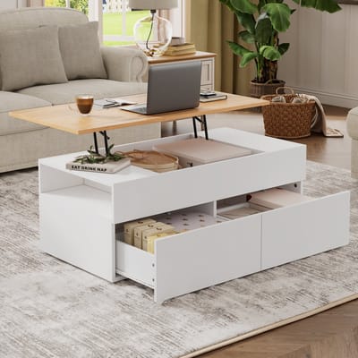 Salontafel - 100x50x40 cm - In Hoogte Verstelbaar - 2 Laden en Halfoppen Vak - MDF - Wit en Naturel