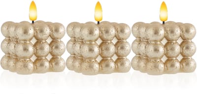 Meisterhome Bubble LED Kaarsen Set van 3 - Goud – Wax Kaarsen met Timer – 7.5x7.5 cm – Warm Wit Flikkerend Licht – Veilig & Sfeervol