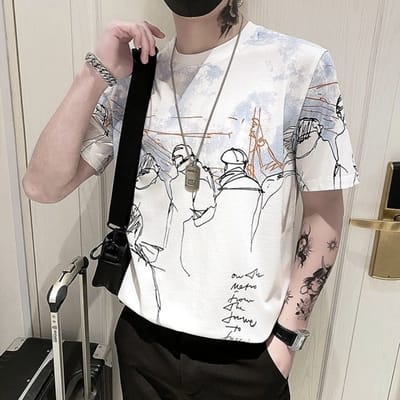 Zomer Heren T-shirt met Korte Mouwen Mannen Print Losse Wilde Halve Mouw Ins T-shirt Top M wit