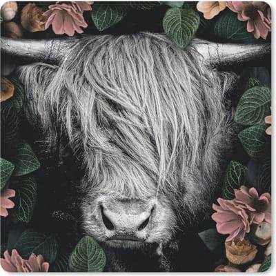 Muismat 20x20 cm - Mousepad Schotse hooglander - Bloemen - Zwart - Wit - Muismatten