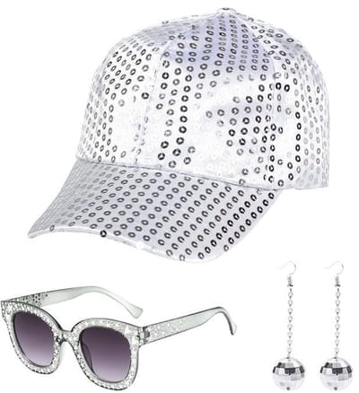 Dailygoods- Discoaccessoires 3 Stuks - Zilveren Discohoed - Pailletten Oorbellen - Zonnebril - Discokostuumset - Jaren 70 Stijl - Discostijl