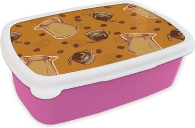 Broodtrommel Roze - Lunchbox - Brooddoos - Koffie - Patronen - Koffiebonen - 18x12x6 cm - Kinderen - Meisje