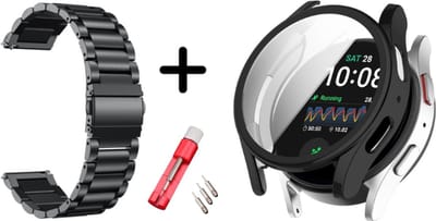 Strap-it RVS stalen schakel bandje Zwart + TPU Case Zwart + Toolkit - Geschikt voor Samsung Galaxy Watch 7 40mm - Bescherming hoesje voor Galaxy Watch 7 40mm smartwatch - Metalen band Zwart + TPU Case Zwart +Toolkit