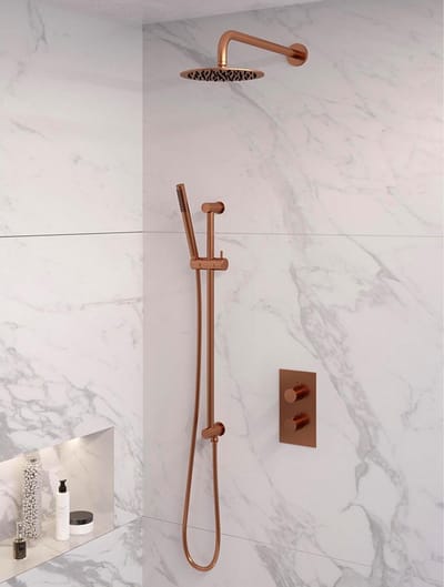 Brauer Copper Edition thermostatische inbouw regendouche 3-weg omstelling SET 39 met 20 cm douchekop en gebogen muurarm en staaf handdouche en doucheslang en geïntegreerde glijstang koper geborsteld PVD