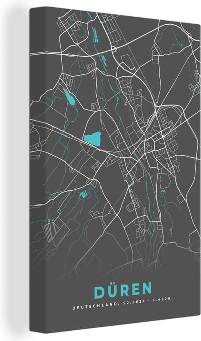 Canvas Schilderij Stadskaart – Düren – Duitsland – Plattegrond – Kaart - 20x30 cm - Wanddecoratie