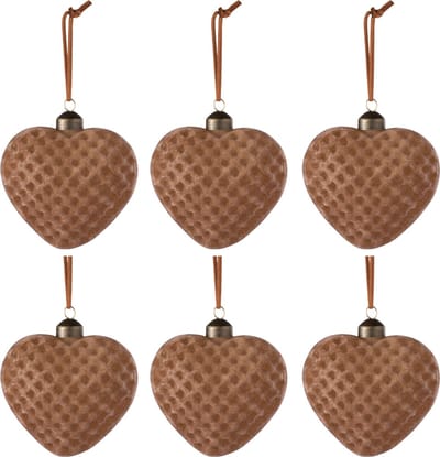 J-Line kerstbal Hart - fluweel/glas - bruin - small - doos van 6