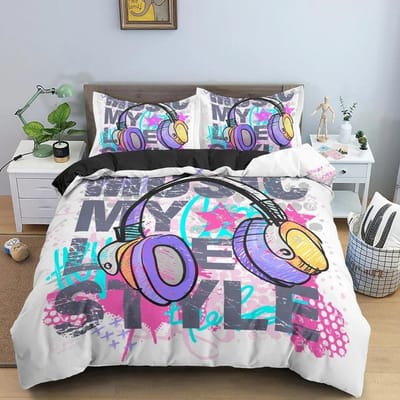 3D Cartoon Graffiti Beddengoedset Zachte Luxe Dekbed Dekbedovertrekset Slaapkamer Decor Koning Koningin Twin Eenpersoons Maat Beddengoed AU Single 140x210cm