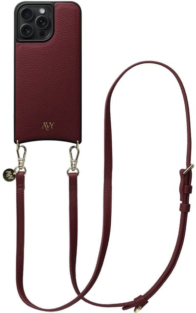 AVY Leren Hoesje Geschikt voor Apple iPhone 15 Pro Max | Compatibel met MagSafe | Leather Case met Telefoonkoord | Crossbody | Burgundy | Long Leather