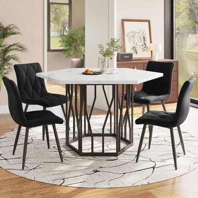 REDOM Eettafel Set – 5-Delige Eetkamerset – Zeshoekige Eettafel met 4 Fluwellen Stoelen – Modern Design – Stevig MDF & Staal – Zwart/Wit – Eettafel met Stoelen voor 4 Personen