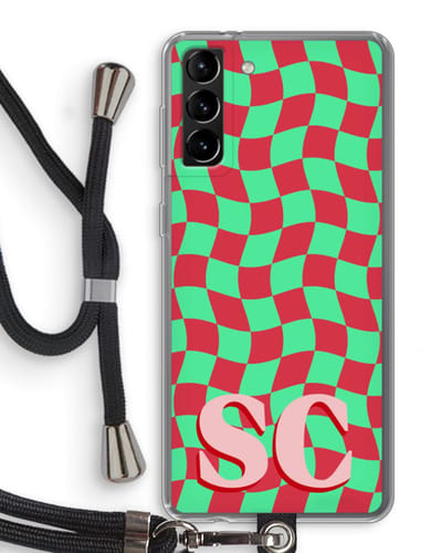 Gepersonaliseerd - Case Company® - Hoesje met koord geschikt voor Samsung Galaxy S21 Plus hoesje met Koord - Grid Monogram - Telefoonhoesje met Zwart Koord - Bescherming aan alle Kanten en Over de Schermrand