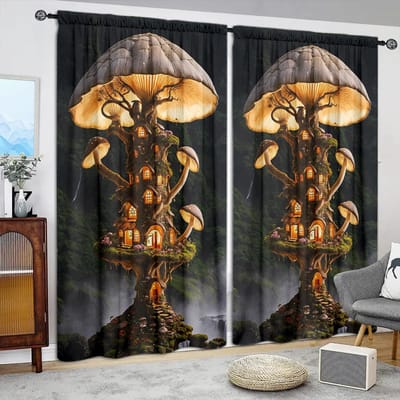 2 stuks Gordijn met Paddenstoelhuispatroonprint voor Huisdecoratie - Gedeelte met tunnel voor roede, Raambekleding voor Slaapkamer, Kantoor, Keuken 52.5cmX116cm X 2pcs brown