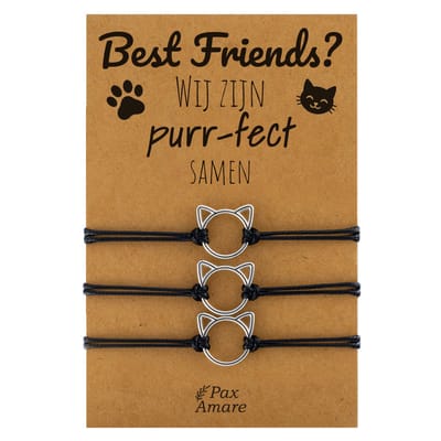 Vriendschapsarmbandjes voor 3 "Wij zijn purr-fect samen" - Schattig Katje - BFF Armbandjes met Cadeau Kaartje - Zwart & Zilverkleurig - Kat / Poesje Armband - Pax Amare