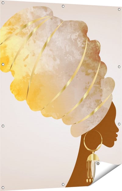 Gards Tuinposter Afrikaanse Vrouw met Gouden Tulband - 90x120 cm - Tuindoek - Tuindecoratie - Wanddecoratie buiten - Tuinschilderij