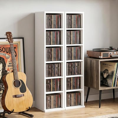 Pugsdrly 204 CD-opbergrekken in set van 2, Blu-Ray-torenstandaard met verstelbare planken, boekenrek-organizer, wit