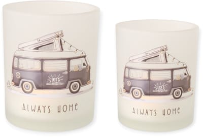 Boltze - Waxinehouders - Set van 2 - Always Home - Camper - Camperen - Vanlife - 10x9 en 8x7cm - Glas