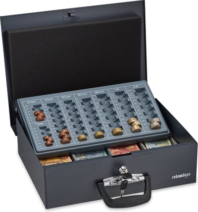 geldkistje met slot - staal - afsluitbaar - euromunten - briefjes - 2 sleutels - 10,5 x 36 x 27,5 cm