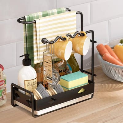 Keukenafval Organizer met Handdoekhouder - Praktische Caddy voor Keukenopslag - Ruimtebesparend en Functioneel Keukenaccessoire - Ideaal voor Spons en Doeken (Zwart)