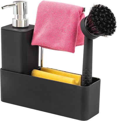 Gootsteenorganizer met Soft-Touch Oppervlak voor Keuken en Badkamer - Inclusief Afwasmiddelhouder, Zeepdispenser, Afwasborstel en Vaatdoekhouder - Zwart
