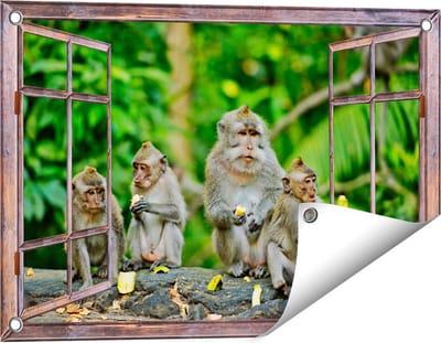 Gards Tuinposter Doorkijk Groep Apen Eten Bananen in het Bos - 60x40 cm - Tuindoek - Tuindecoratie - Wanddecoratie buiten - Tuinschilderij