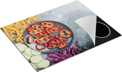 Chefcare Inductie Beschermer Gesneden Groente op Grijze Marmer - Groentes - 77x59 cm - Afdekplaat Inductie - Kookplaat Beschermer - Inductie Mat