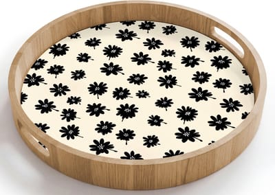 Dienblad rond 40x40 cm - Schootdienblad hout - Madeliefjes - Grafisch - Zwart - Beige - Borrelplank rechthoek - Plateau houten dienbladen