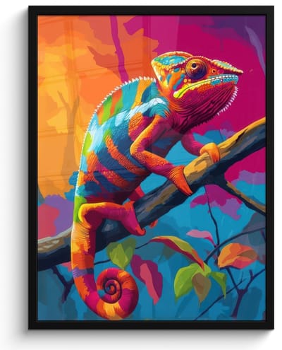 Poster in lijst - Fotolijst 60x80 cm - Posters - Kameleon - Tak - Gestreept - Bladeren - Posterlijst zwart - Decoratie - Wanddecoratie woonkamer - Muurdecoratie slaapkamer
